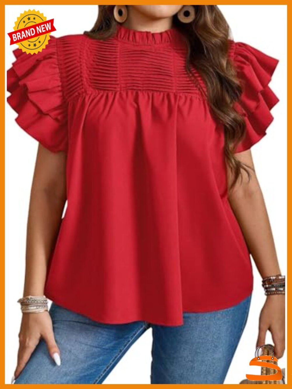 Women's Plus Size Mock Neck Ruffle Sleeve Blouse Tunic Loose Fit Shirt
